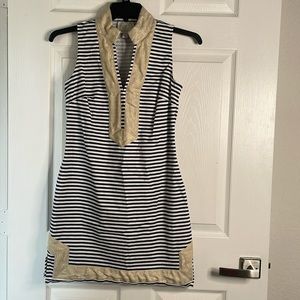 Sail to Sable Black and White Striped Midi Dress with Gold Accents